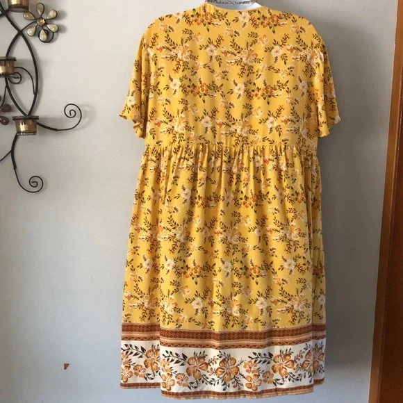Kirundo Mini Dress Bohemian Short Sleeve Size Large Mustard Floral New - Picture 7 of 13